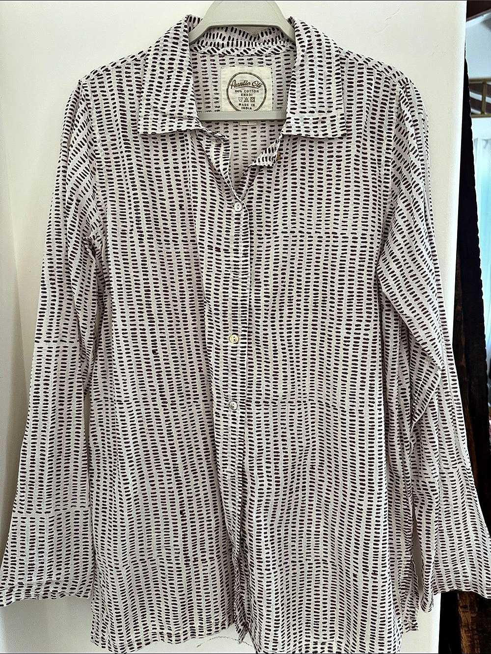 Auntie Oti Women's Cotton Khadi Button Down Shirt Natural & Plum Geometric Print